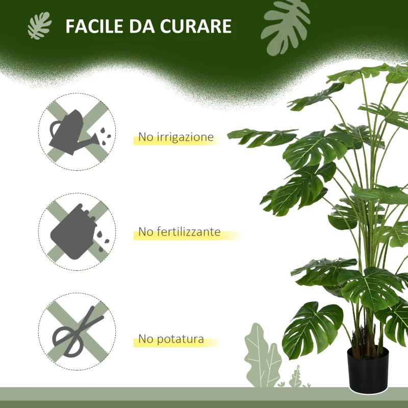 HOMCOM Pianta Artificiale Monstera Alta 180cm per Interno ed Esterno con Vaso Incluso