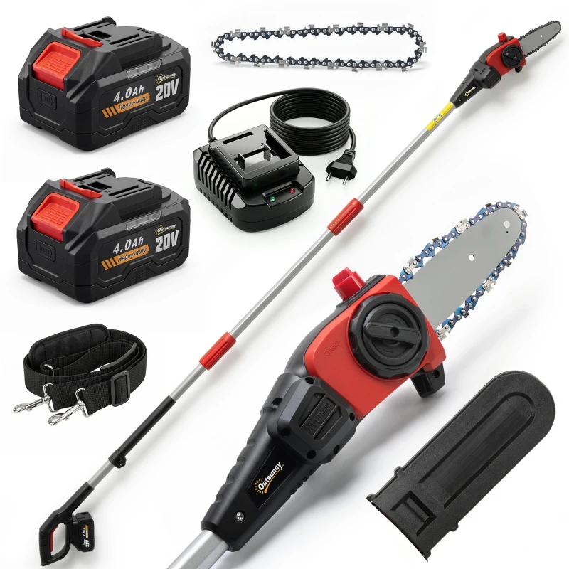 Outsunny Motosierra Eléctrica Extensible 1,94-2,56 m con 2 baterías 4,0 Ah Cargador Doble Bloqueo Lubricación Automática