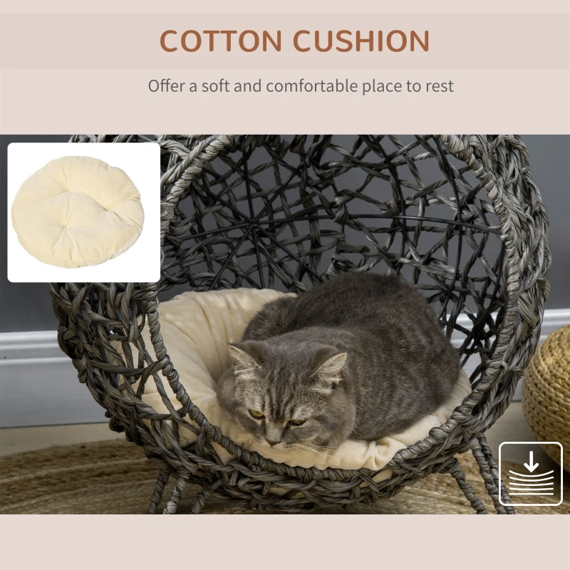 PawHut Raised Rattan Cat House, with Cushion - Silver-Tone & Grey