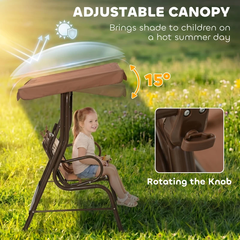 Outsunny 2 Seater Kids Garden Swing Seat, Children Outdoor Patio Lounge Chair for Gardens w/ Adjustable Awning, Seatbelt, Monkey Pattern - Brown