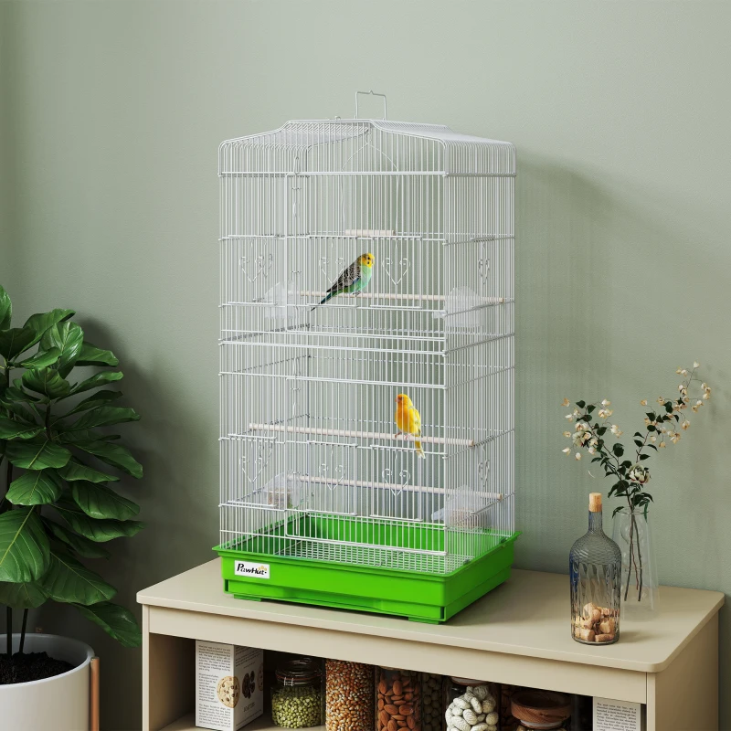 PawHut Gaiola para Pássaros Pajarera de Metal com 4 Comedouros 3 Poleiros Baloiço e Bandeja Removível Alça 46,5x35,5x92 cm Verde