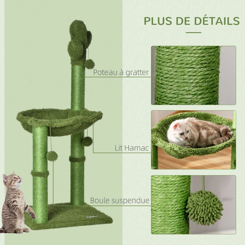 PawHut Arbre à chat griffoir forme cactus en sisal naturel hamac pompon suspendu - 40 x 40 x 96 cm vert