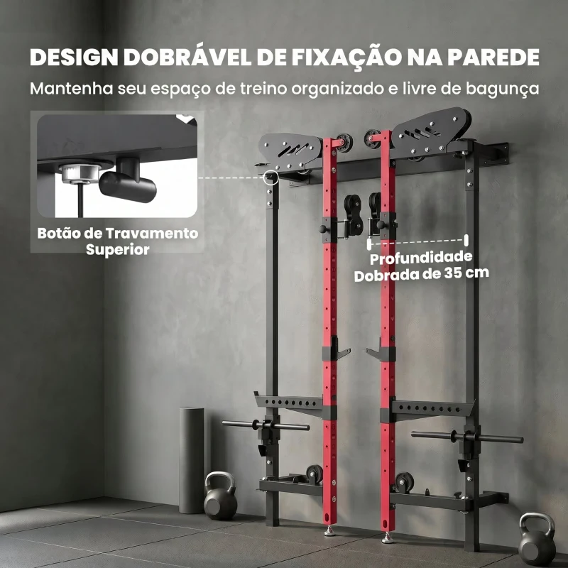 SPORTNOW Jaula de Potência Dobrável Rack para Agachamentos com Barra de Elevações e Sistema de Polias, Suporta 700 kg - Vermelho