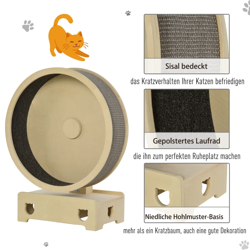 PawHut Katzenlaufrad für Kitten und kleine Katzen, Kratzbaum, inkl. Teppich, 60 cm  x 29 cm x 77 cm, Natur + Grau