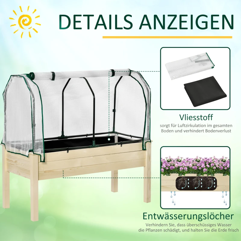 Outsunny Verhoogd Bed, Oprolbare Folieafdekking, Natuurlijk Houten Frame, Stofvoering, Afvoeropeningen, 121 x 55 x 117cm