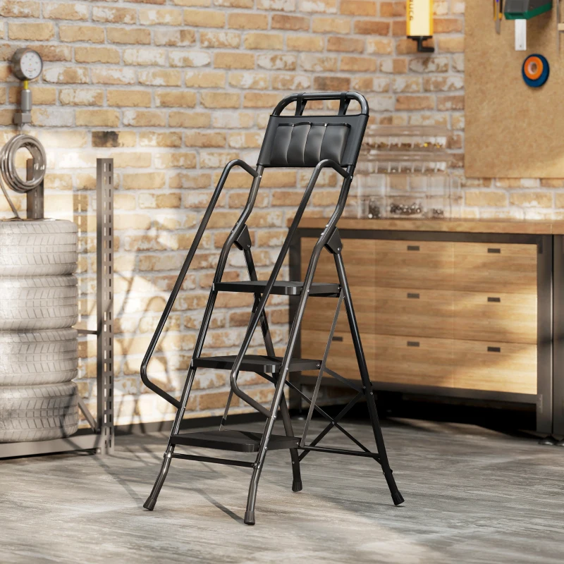 HOMCOM Escalera Plegable de 3 Peldaños con Bolsa de Herramientas Escalera de Tijera con Peldaños Anchos Antideslizantes Negro