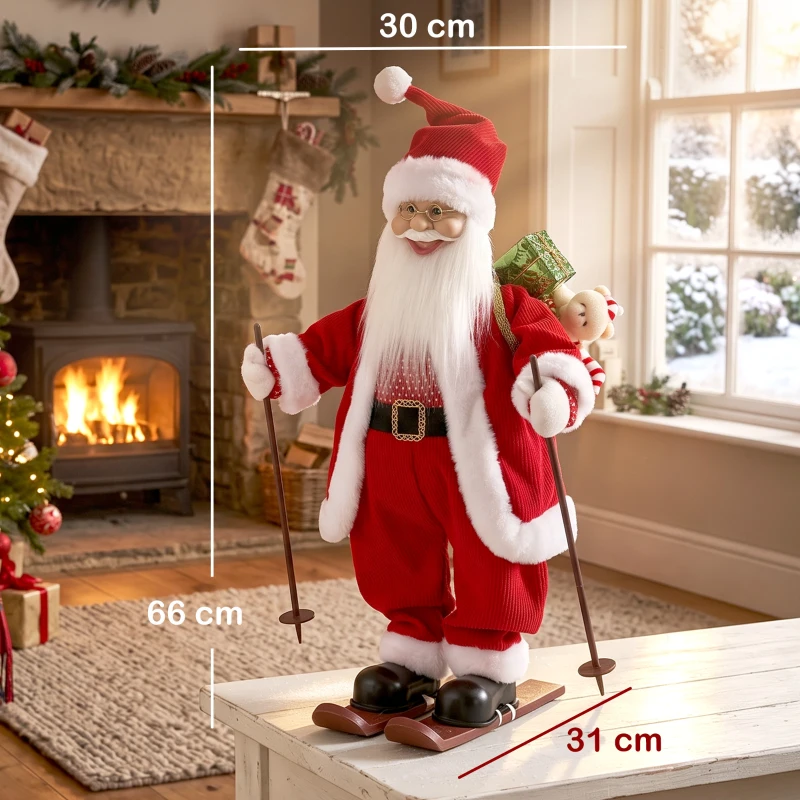 HOMCOM 2ft Singing Skiing Santa Claus, Standing Christmas Animated Santa Figure with Ski Board, Sack, Sound/Touch Activated