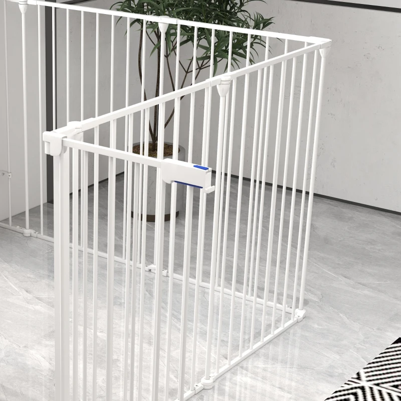 PawHut 2-in-1 Puppyren en Barrière, 8 Panelen, Vergrendelbare Deur, Staal, 90 cm Hoog, Wit(m-8)
