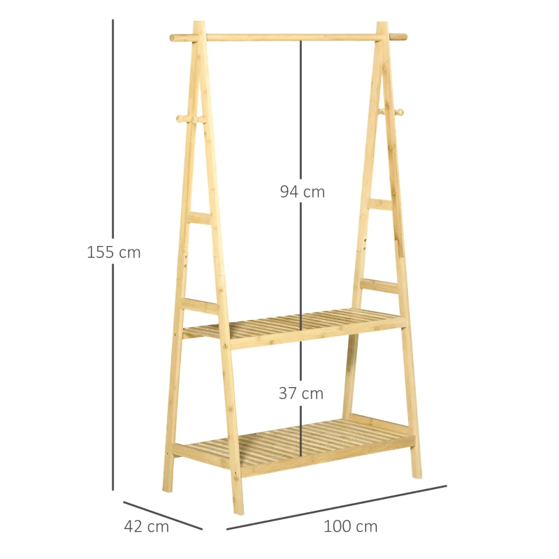 HOMCOM Stand Appendiabiti con 2 Scaffali e 4 Ganci Laterali, in Bambù, 100x42x155cm