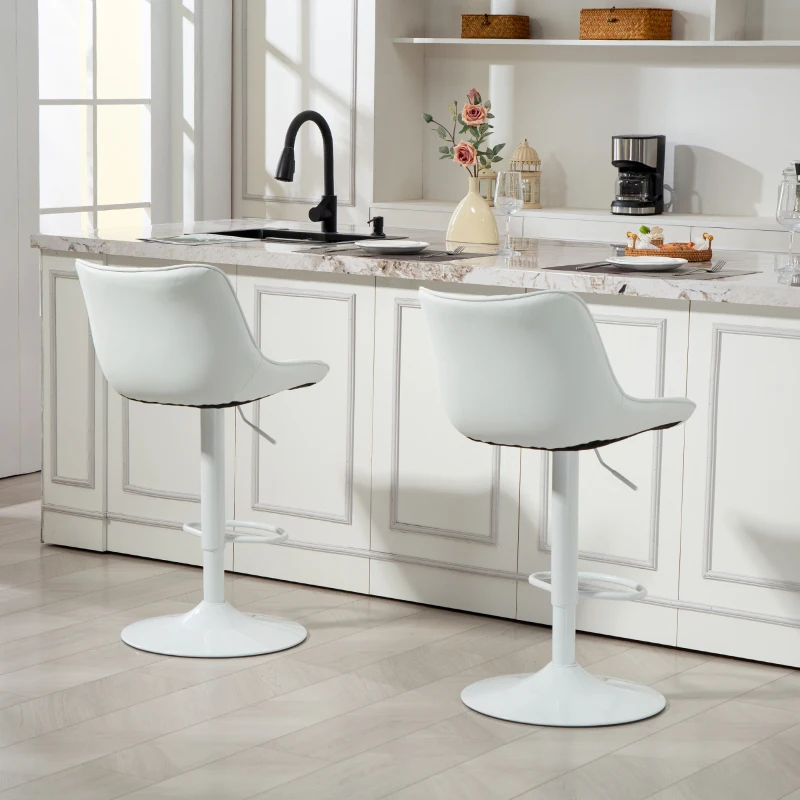 HOMCOM Conjunto de 2 Bancos de Bar Bancos Altos de Cozinha Giratórios com Altura Ajustável e Couro Sintético 47,5x54x92-110 cm Branco