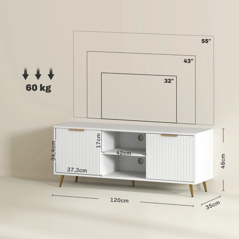 HOMCOM Móvel de TV Moderno Móvel de TV para Sala de Estar com 2 Compartimentos Abertos  para Televisores de 55 Polegadas 120x35x48 cm Branco