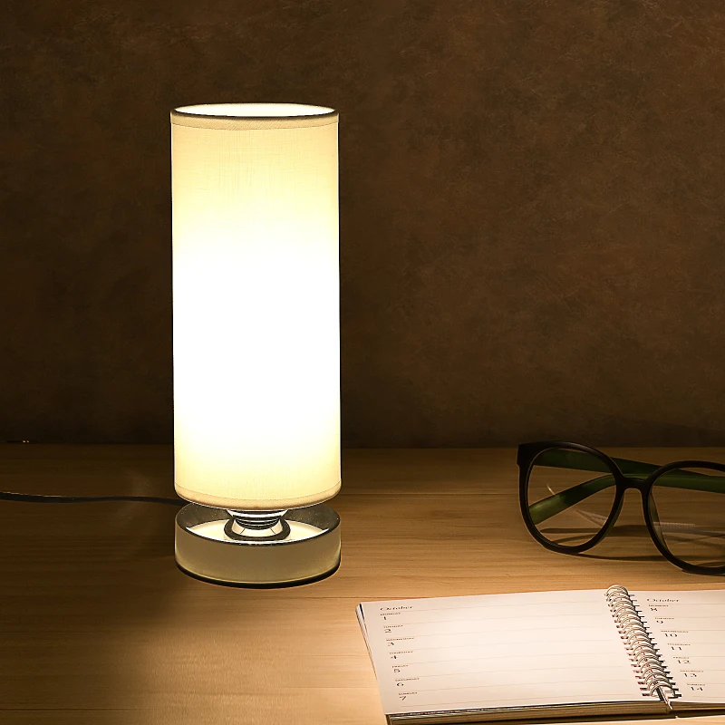 HOMCOM Lampe de table tactile dim. Ø 10,8 x 30H cm piètement métal chromé abat-jour coton polyester blanc