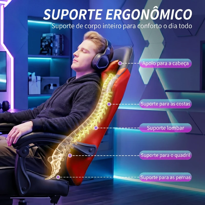 HOMCOM Cadeira Gamer com Massagem Lombar Vibratória Reclinável 155° Altura Ajustável Apoio de Cabeça e Apoio para os Pés Retrátil Vermelho