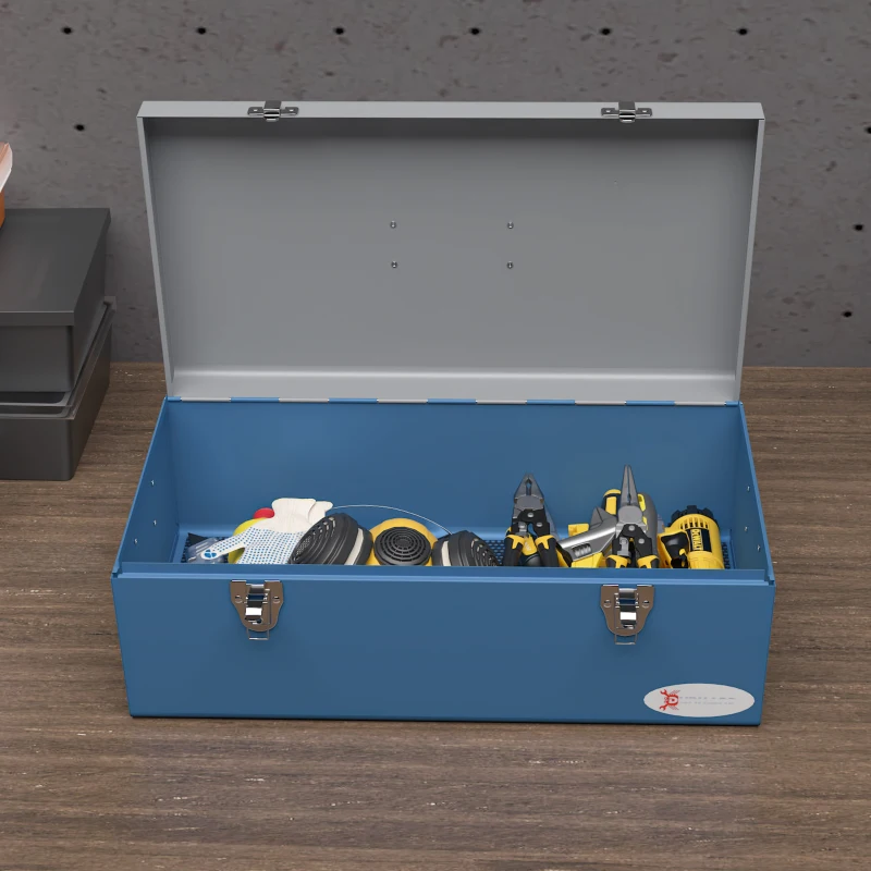 DURHAND Caisse boite à outils en métal transportable avec 3 poignées, 2 loquets, dim. 50L x 26l x 18,5H cm, bleu