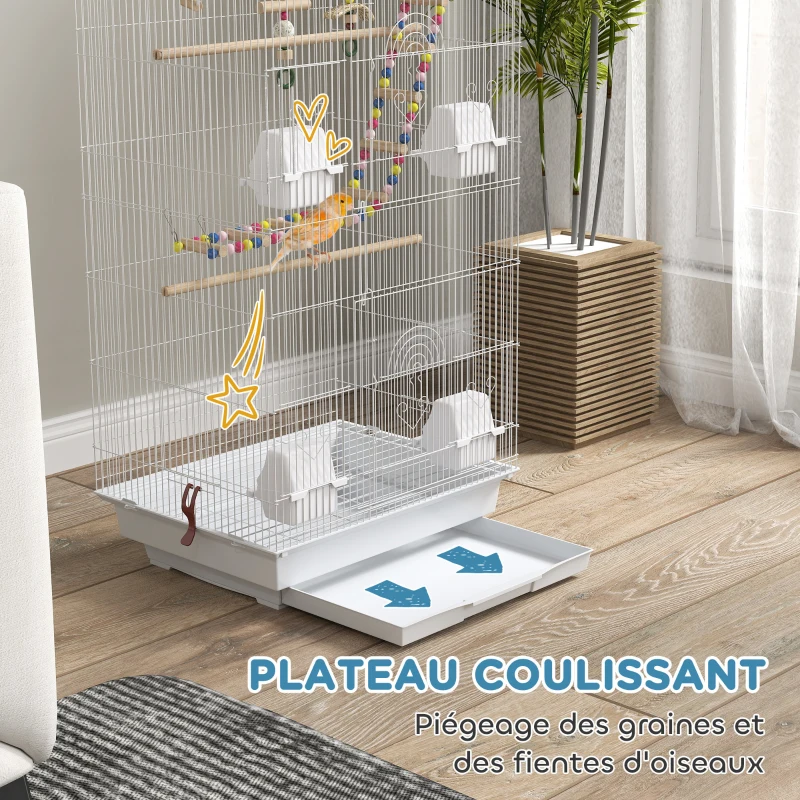 PawHut Cage à oiseaux 46 x 36 x 100 cm 4 mangeoires 3 perchoirs cage pour perruche calopsitte conure pinson canaris