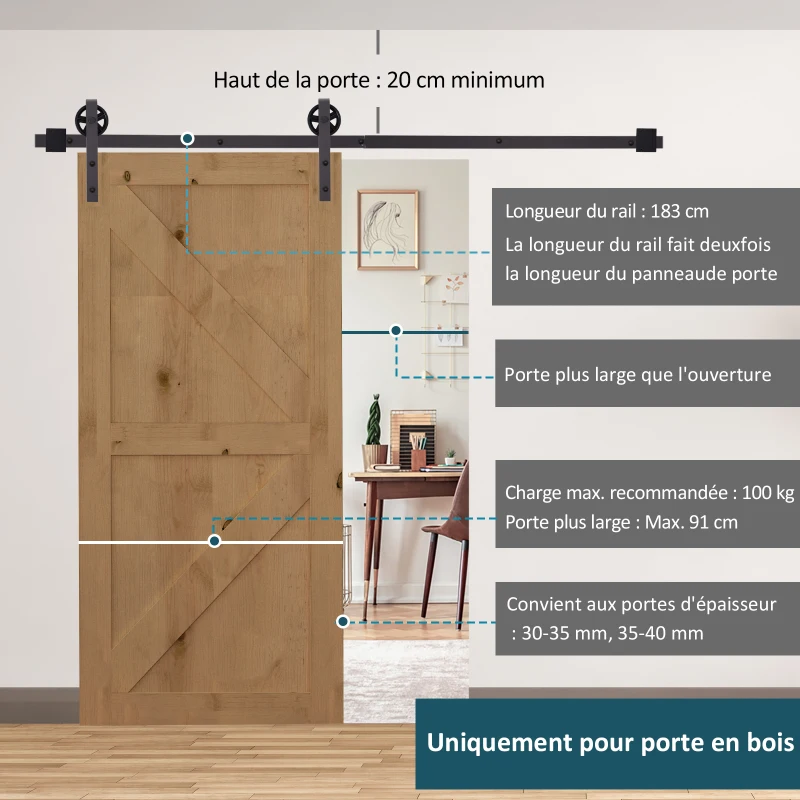 HOMCOM Kit de rail pour porte coulissante quincaillerie grange à porte coulissante en acier au carbone café