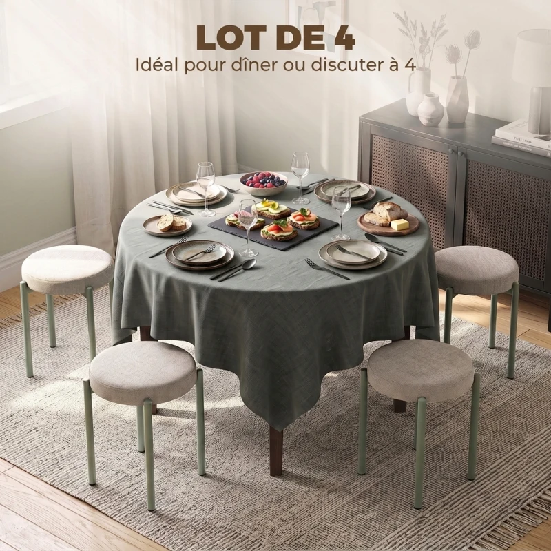 HOMCOM Lot de 4 Tabourets Empilables Ronds avec Assise Rembourrée, sans Dossier, Gain de Place, 45 x 45 x 47,5 cm, Marron Cair
