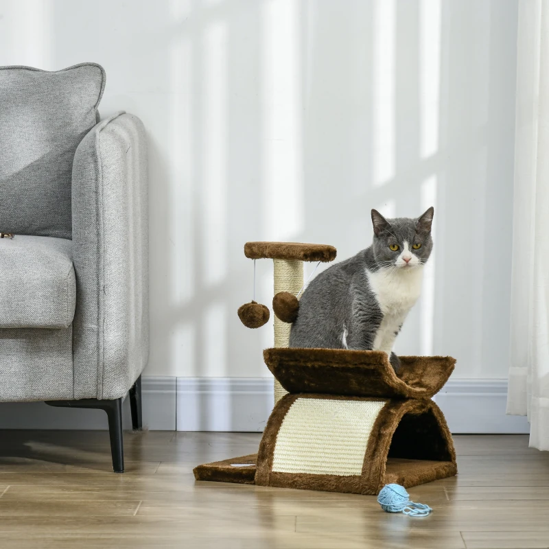 PawHut Tiragraffi Gatto Albero Tira Graffi Gioco Giocattolo per Gatti con Cuccia 2 Palline Appese in Sisal Naturale Altezza 43cm