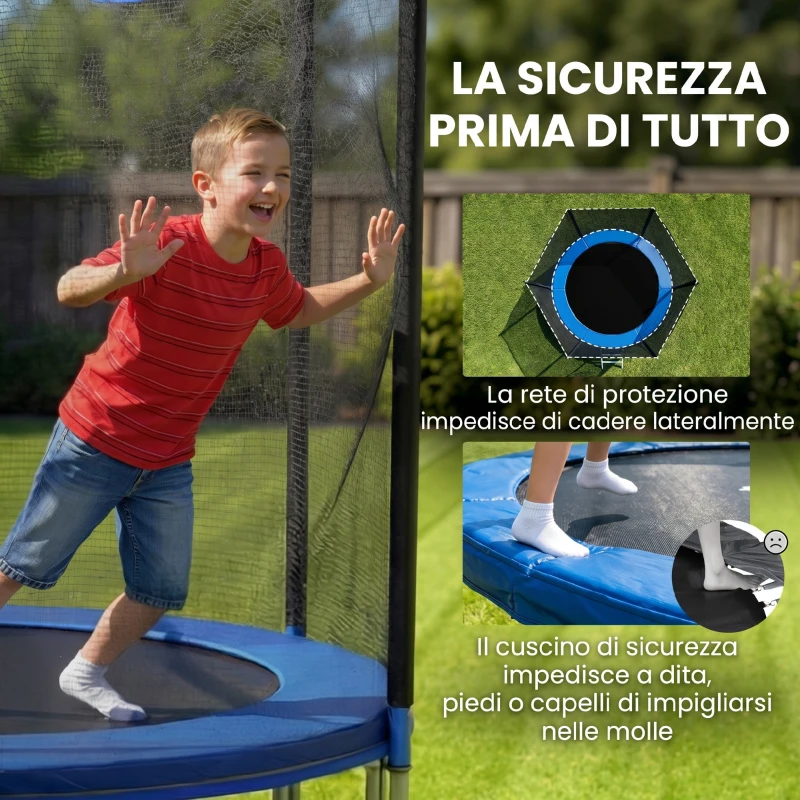 SPORTNOW Trampolino Elastico con Scaletta e Rete di Sicurezza, in Acciaio e Plastica, Ø180x200 cm, Blu
