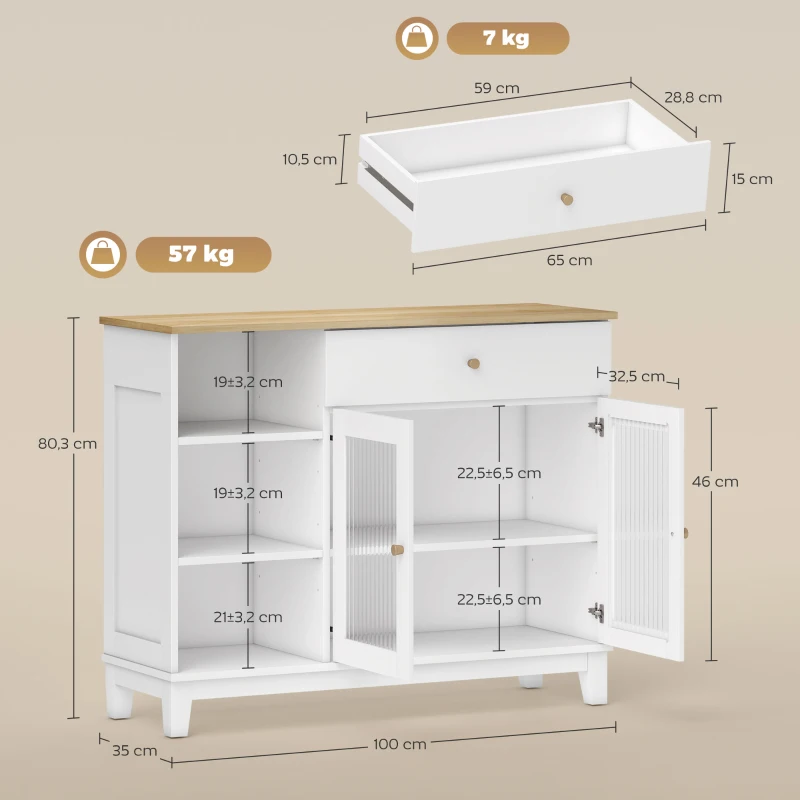 HOMCOM Aparador para Salón con 2 Puertas de Vidrio Cajón Compartimentos Abiertos y Estantes Ajustables 100x35x80,3 cm Blanco