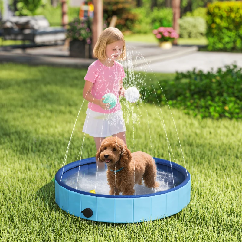PawHut Piscina para Cães Dobrável com Aspersor Piscina Portátil em PVC Antiderrapante e Resistente ao Desgaste Ø80x20 cm Azul