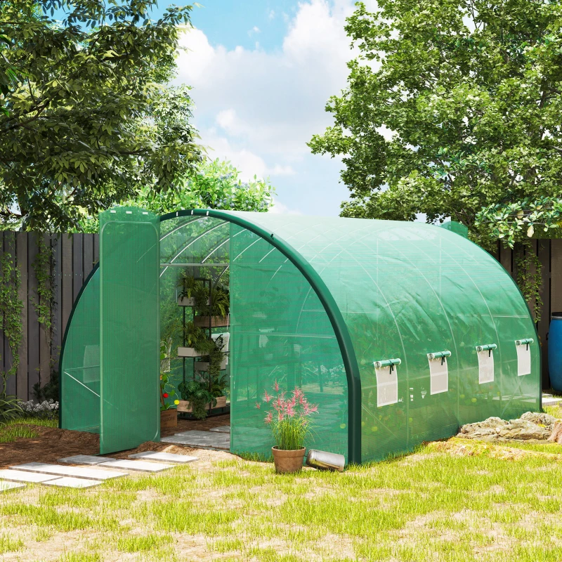 Outsunny 4 x 3 m Polytunnel Greenhouse, with Windows and Doors - Green