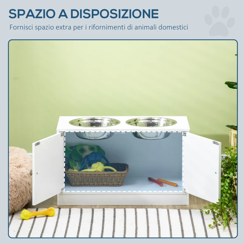 PawHut Ciotole per Cani Rialzate con Armadietto da 44L e 2 Ciotole in Acciaio, 60x30x35.5cm, Bianco