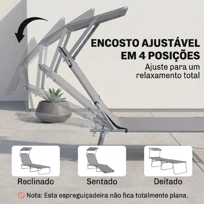 Outsunny Espreguiçadeira de Jardim Dobrável com Toldo Removível e Ajustável e Encosto Ajustável em 4 Posições  187x58x36 cm Cinza Claro