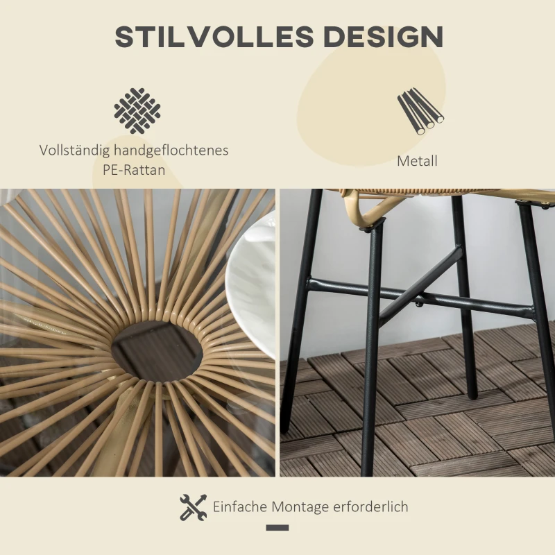 Outsunny Gartentisch im Boho-Stil, PE-Rattan, gehärtetes Glas, wetterbeständig, 50 cm x 50 cm x 50 cm, Beige
