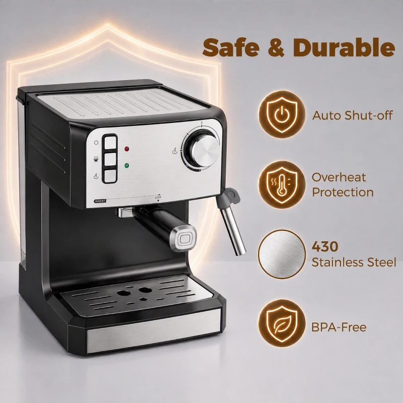 HOMCOM Espresso Machine, 20-Bar Semi Automatic Cappuccino Coffee Maker with Frother Wand, 1.6 L Water Tank, Black