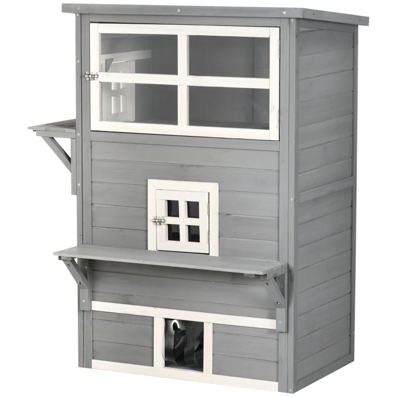 PawHut Casa para Gatos de Madeira Exterior Casa Grande para Gatos de 3 Andares com Múltiplas Entradas Janelas e 2 Plataformas para Terraço Balcão Jardim 98x68,5x122cm Cinza