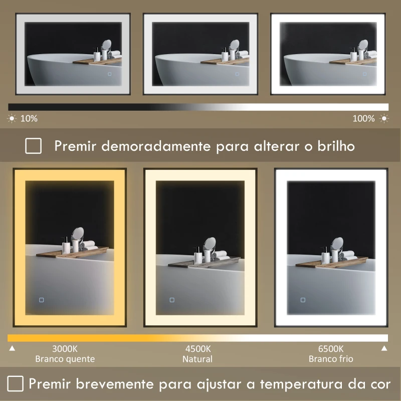 HOMCOM Espelho Casa de Banho com Luz LED 80x60 cm Iluminação Ajustável Função Anti-Embaciamento Função Memória Preto
