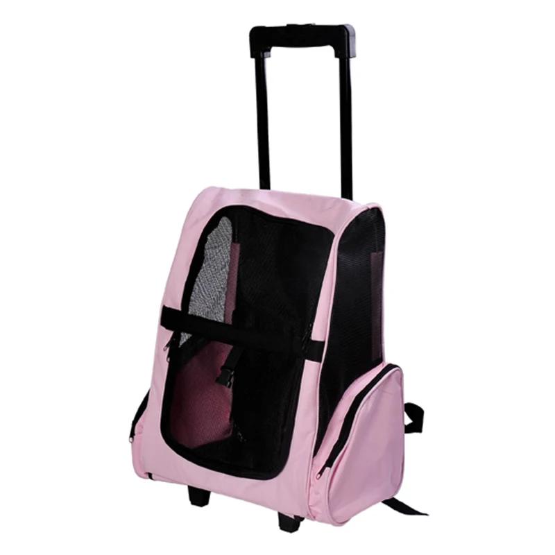 PawHut Trasportino Zaino 2 in 1 per Cani e Gatti con Tasche Laterali, Maniglia Telescopica e Ruote, 42x25x55cm, Rosa