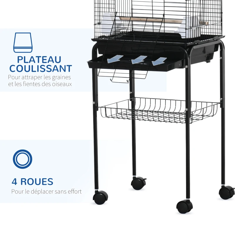 PawHut Cage à oiseaux volière pour oiseaux sur roulettes avec toit ouvrant 3 perchoirs étagère inférieure 46 x 36 x 130 cm noir