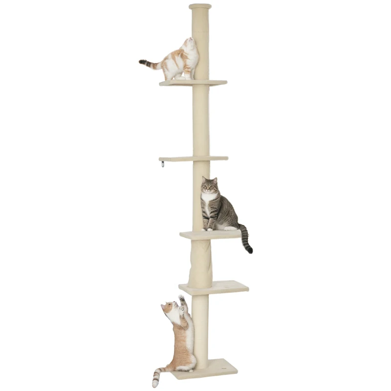 PawHut Krabpaal Plafondhoog, Verstelbaar 225-275 cm Kattenboom, Kattenkrabpaal met Krabpalen, 5 Platforms, Kattentoren voor middelgrote katten, Crèmewit