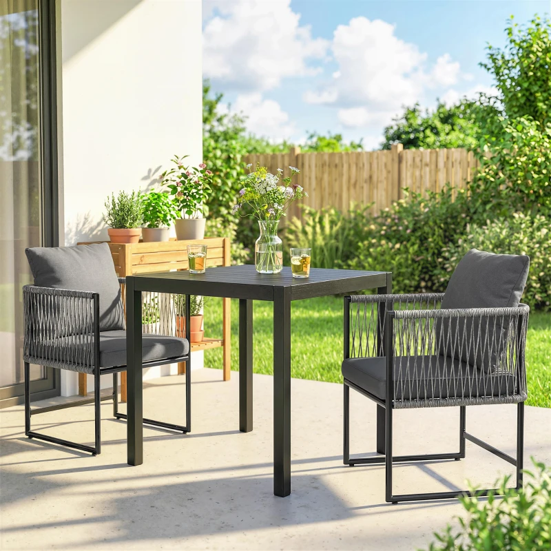 Outsunny Tuinstoel set van 2 weerbestendige tuinstoelen van staal en PE-rattan met kussen armleuning rugleuning 52x52x66 cm Donkergrijs