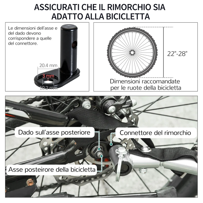 HOMCOM Rimorchio per Bici in Acciaio e Tessuto Oxford, Carico 40 kg, 140x77x65cm Nero e Bianco