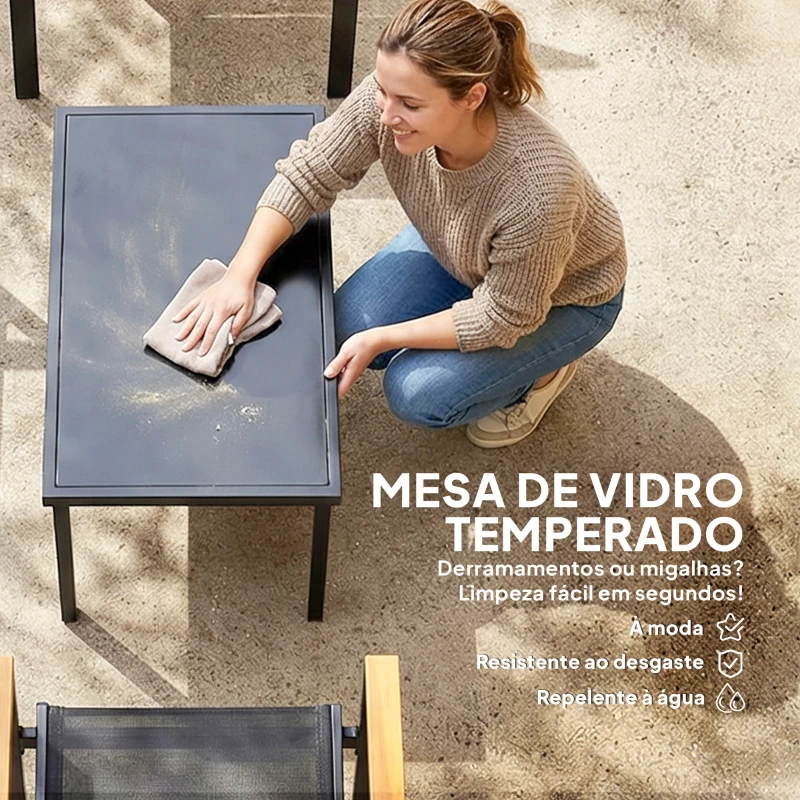 Outsunny Conjunto de Jardim Exterior de 4 Peças com Sofá de 2 Lugares 2 Cadeiras e Mesa de Vidro Temperado Tecido Textilene Preto
