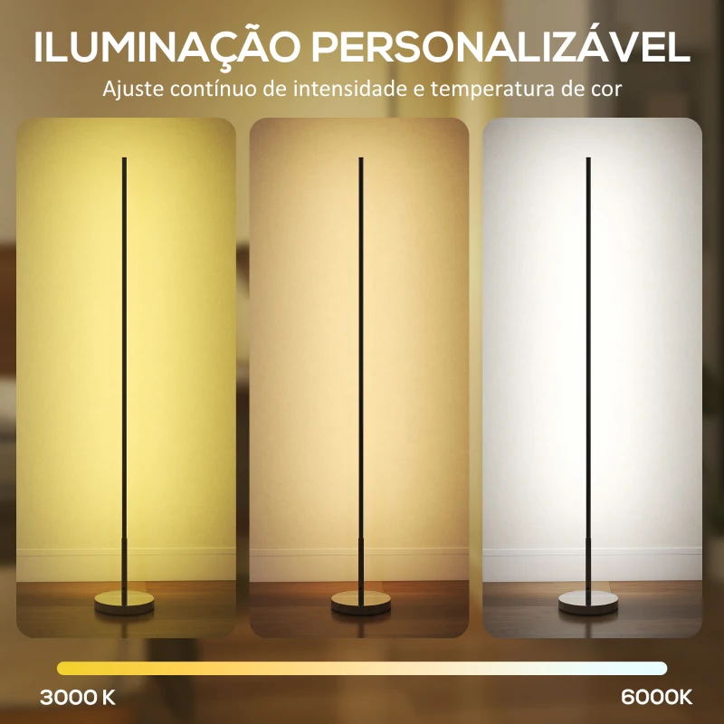 HOMCOM Candeeiro de Pé Moderno com Brilho e Temperaturas de Cor Ajustáveis 3000K-6000K Controlo Remoto Temporizador Ø20x150 cm Prata
