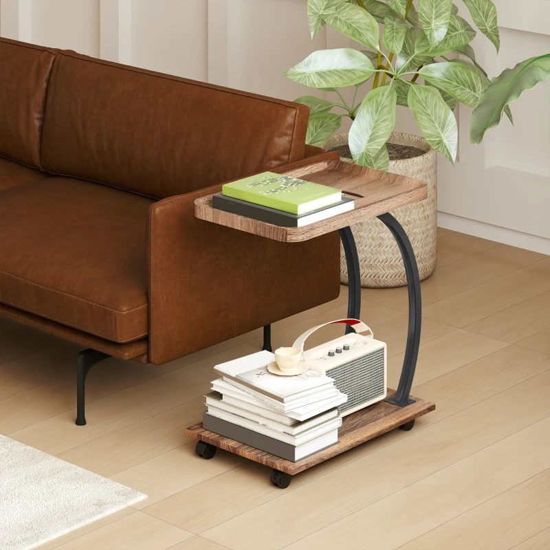 HOMCOM Mesa Auxiliar em Forma de C com Rodas para Sofá com Prateleiras Estrutura de Aço 52x34x60 cm Madeira e Preto