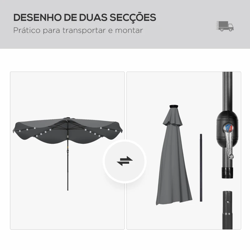 Outsunny Guarda-Sol de Jardim Manual Ø292x254 cm com 32 Luzes LED Solares 8 Varetas Impermeável e Respiros de Ventilação Cinzento