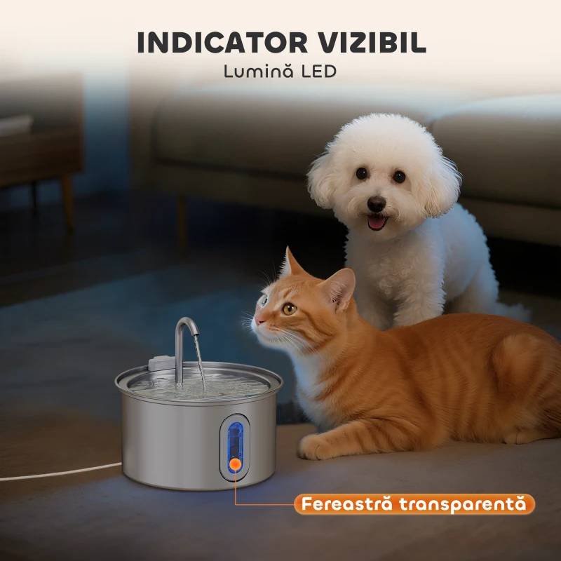 PawHut Fântână pentru Pisici de 2,5L cu Lumină LED și 2 Moduri de Flux, din Oțel Inoxidabil, 19,4x19,4x18,7 cm, Argintiu