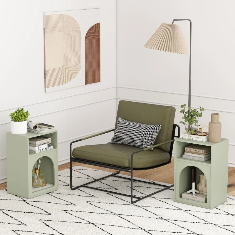 HOMCOM Mesa de Cabeceira Estreita com 2 Compartimentos Abertos e Design em Arco 40x30x60 cm Verde-Claro