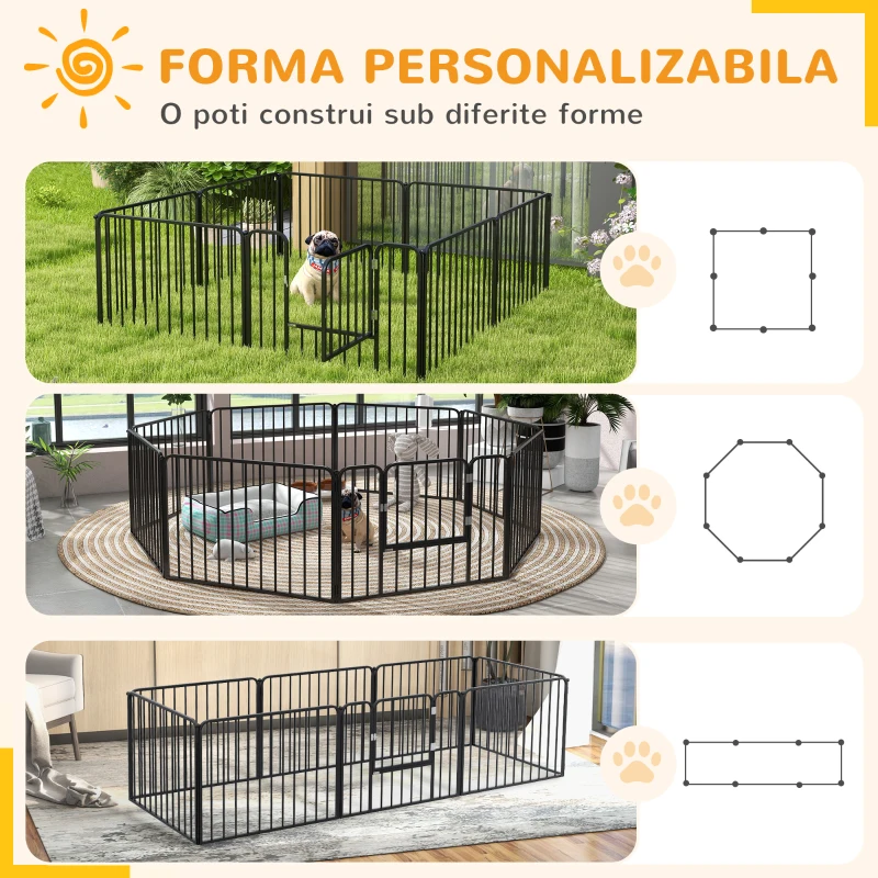 PawHut Gard pentru Câini cu 8 Panouri Modulabile pentru Interior și Exterior, din Oțel, 164x164x60 cm, Negru