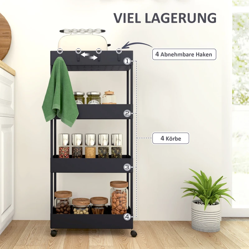 HOMCOM Keukenwagen met 4 planken, 4 flexibele haken, 4 wielen, 40 cm x 19 cm x 90 cm, Niswagen, Zwart