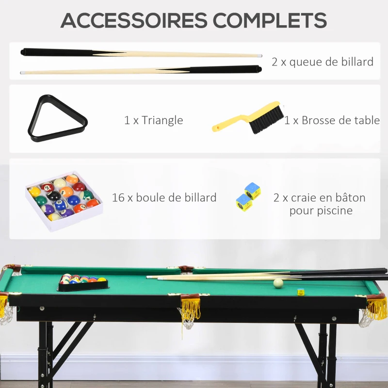 SPORTNOW Table de billard pliable hauteur réglable avec accessoires 2 queues, 16 boules, 2 craies, triangle, brosse, vert