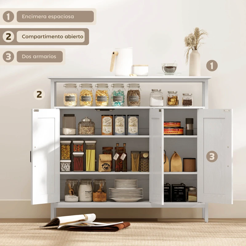 HOMCOM Aparador para Salón Industrial con 3 Puertas Compartimento Abierto Estantes Ajustables para Comedor 100x35x88 cm Blanco