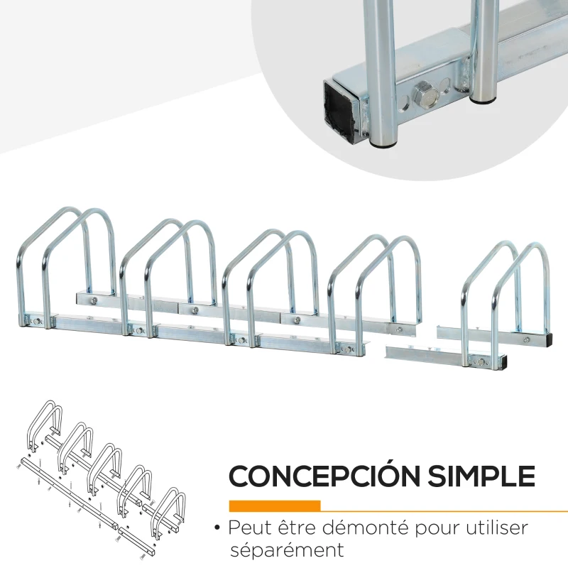 HOMCOM Râtelier 5 vélos range-vélos support de rangement pneu 65 mm sol ou mural pour VTT enfants BMX 145 x 33 x 27 cm acier argent