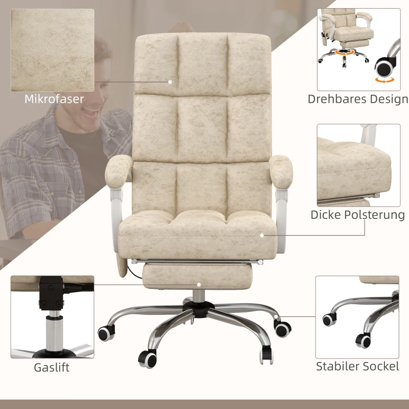Vinsetto Bureaustoel met Massage- & Warmtefunctie, Voetsteun, Verstelbaar, tot 120kg, Beige