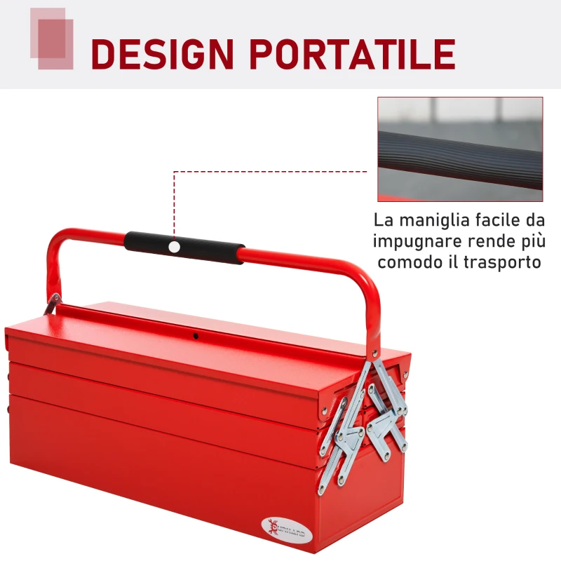 DURHAND Cassetta Porta Attrezzi in Acciaio Pieghevole con 5 Vassoi, Valigetta Porta Attrezzi 56x20x41 cm, Rosso